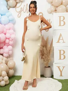 BELLAdresses Pregnant Women Elegant Solid Color 3D Floral Decor Strap Dress, For Baby Shower Party,Gender Reveal Dress,Maternity Dress