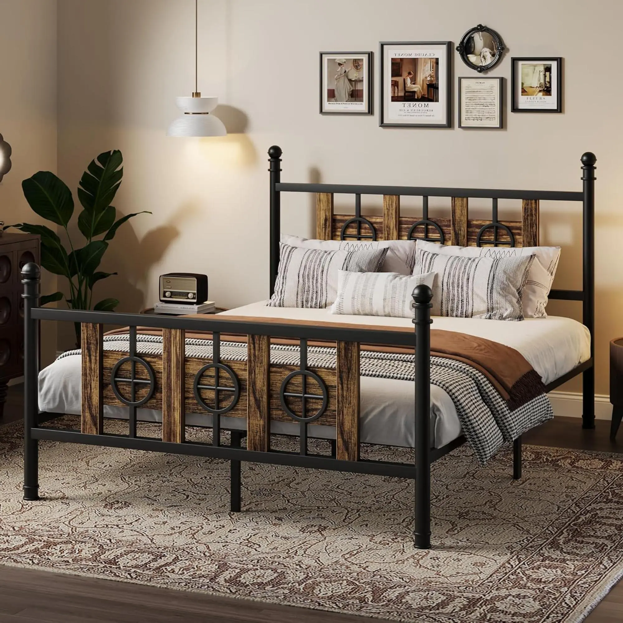 King Size Bed Frame with Headboard, Metal Platform Bed Frame with Under-Bed Storage, Industrial Vintage Style with Circular Accents, No Box Spring Required, Noise-Free, Brown