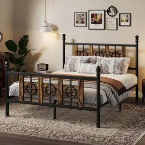 King Size Bed Frame with Headboard, Metal Platform Bed Frame with Under-Bed Storage, Industrial Vintage Style with Circular Accents, No Box Spring Required, Noise-Free, Brown