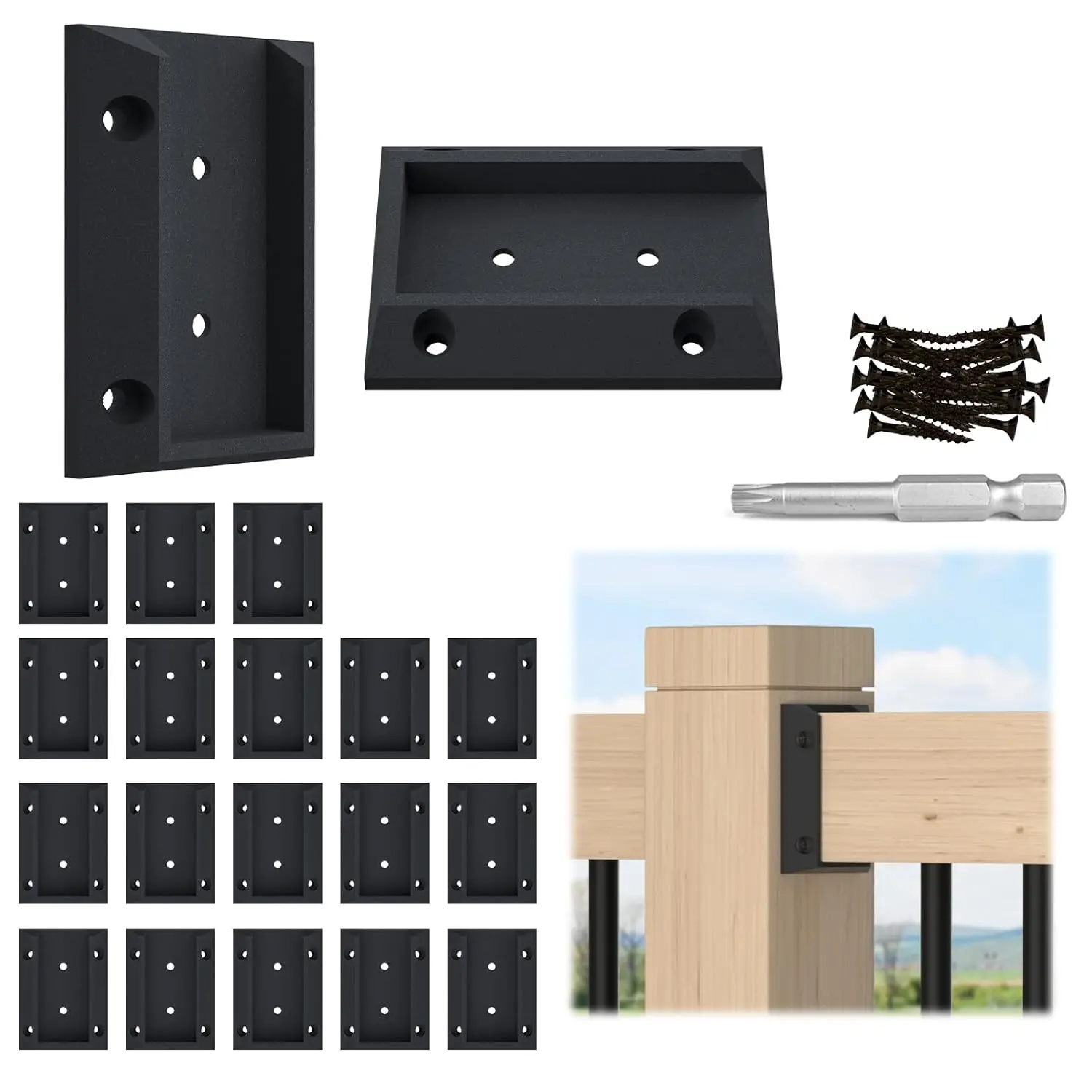 Muzata 20Pcs Deck Railing Brackets Connectors Rail Support Kit for 2X4 (1.5"×3.5") Wood Post Deck Rail Bracket with 124Pcs Screws for Wooden Stair Fence Cable Railings Handrail WT11