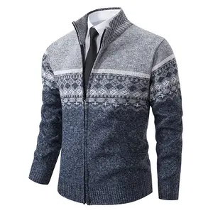 Men's Casual Stand-collar Sweater Coat With Fleece Lining And Color-blocking Design