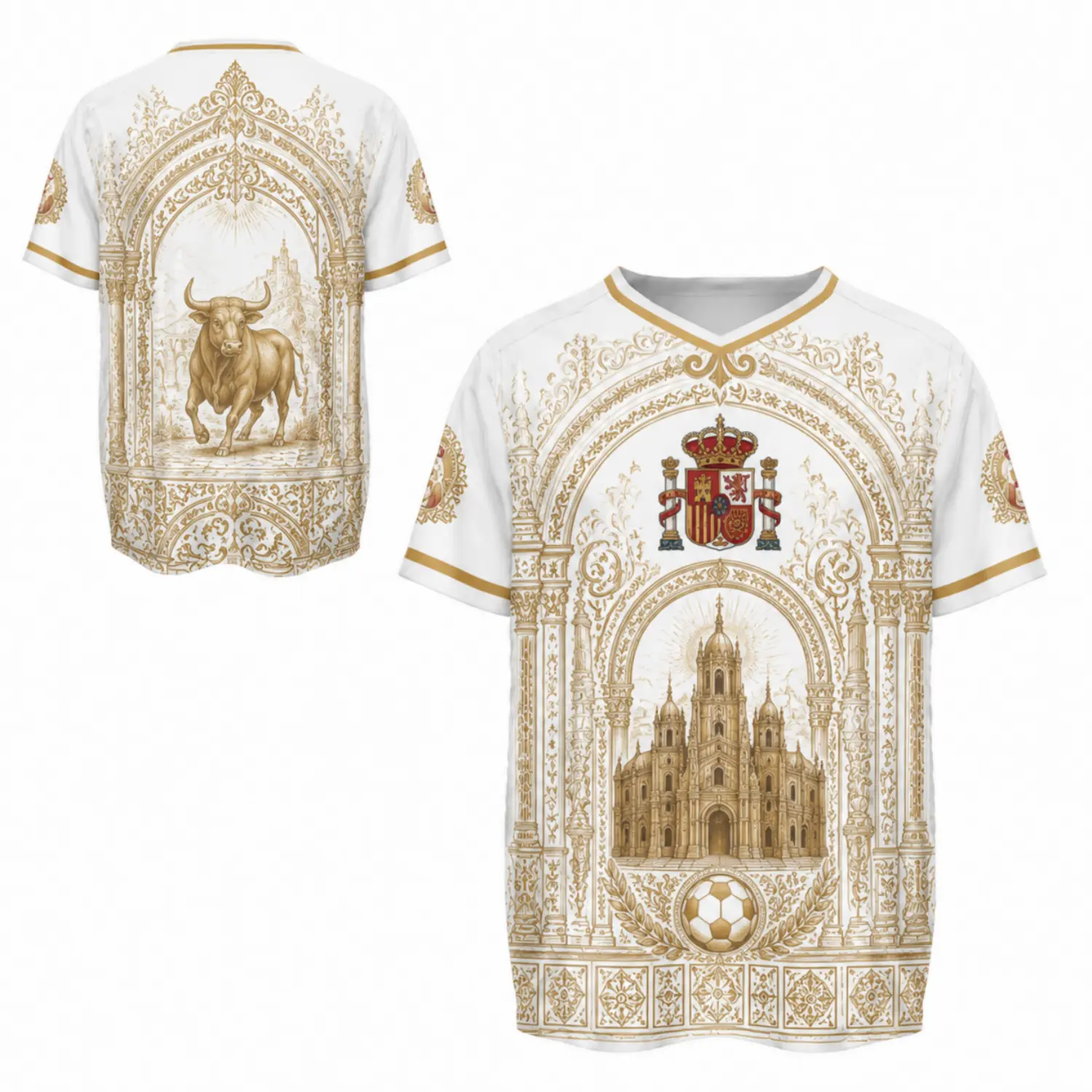 Spain Soccer Jersey - Elegant Gold Print, Lightweight Short Sleeve Shirt for Matches, Training, and Everyday Style