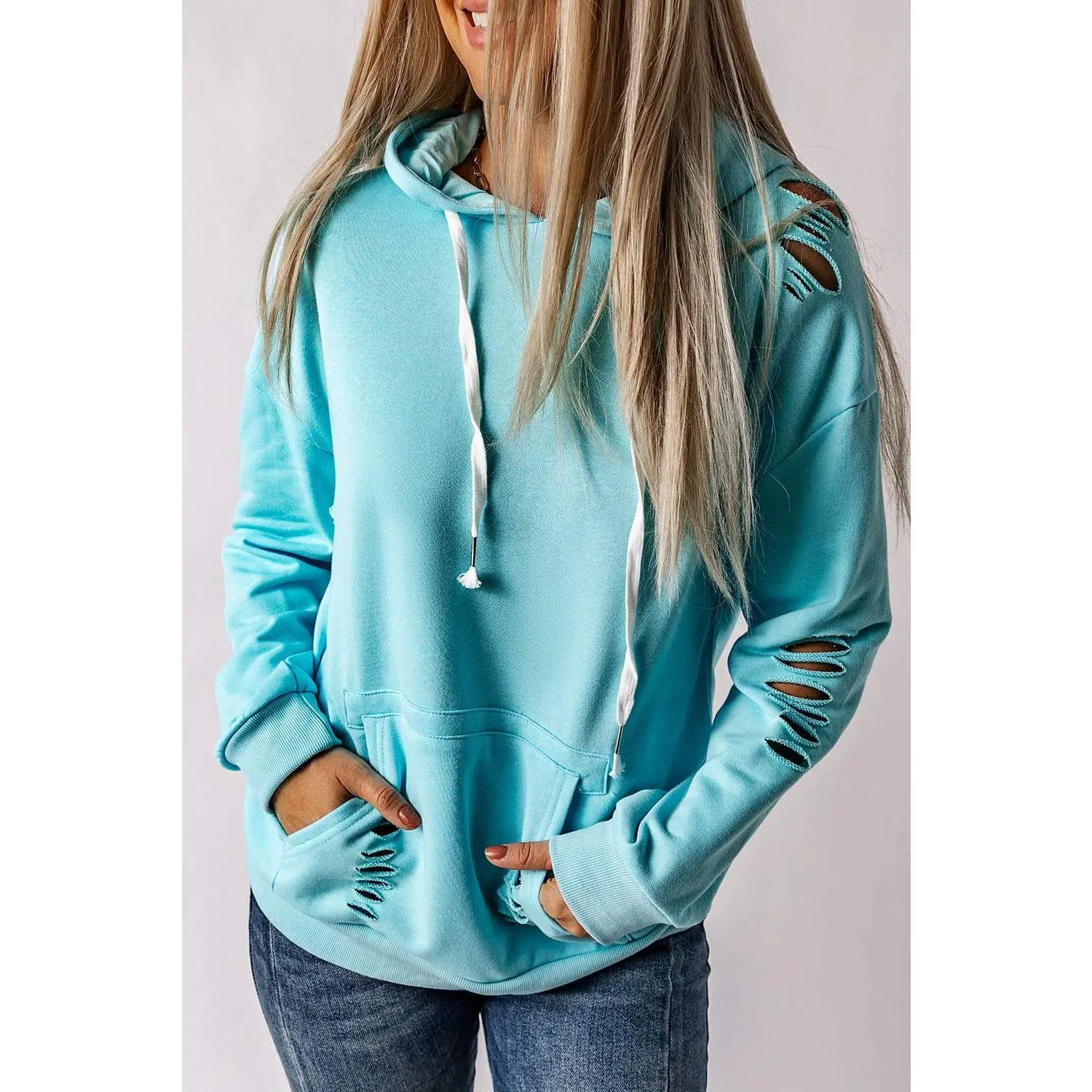 Turquoise Ripped Hoodie