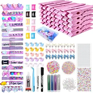 ELIZAHOME 60set Cheer Pins Include 60 Pcs Clothes Pins Wooden,30 Mini Resin Ducks, 30 Bows, 100 Mini DIY Accessories, Tweezers, Stickers, Self-Adhesive,Cheerleader Gifts (Pink)