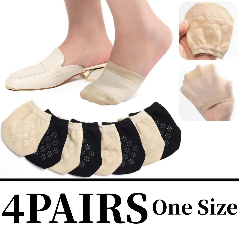 Women's 4-Pair Fashion Cute Elegance Lady No-Show Seamless Toe Topper Socks, Comfortable Polyester Fabric, Non-Slip Grip Half Socks, Flower-Embellished Hidden Toe Covers, Fit for Mules, Sports Use