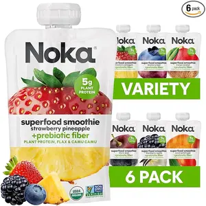 Noka Superfood Fruit Smoothie Pouches Variety Pack, Healthy Snacks with Flax Seed, Plant Protein and Prebiotic Fiber, Vegan and Gluten Free Snacks, Organic Squeeze Pouch, 4.22 oz, 6 Count
