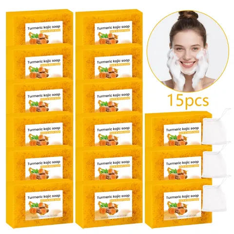 15 pcs turmeric and Kojic acid cleansing soap set, Turmeric Cleansing Soaps, containing lemon and vitamin E - handmade, alcohol free, suitable for all skin types - facial and body cleansing, including 3 foaming nets, Soap Package, Soap Bar