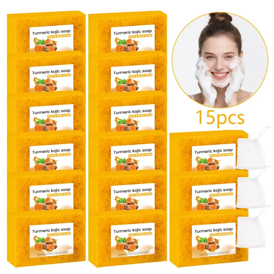 15 pcs turmeric and Kojic acid cleansing soap set, Turmeric Cleansing Soaps, containing lemon and vitamin E - handmade, alcohol free, suitable for all skin types - facial and body cleansing, Skin Care Soap, including 3 foaming nets, Soap Bar