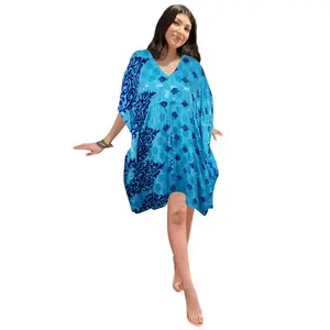 Blue Floral Silk Kaftan for Women – Lightweight Beach Cover-Up & Elegant Resort Wear L-2X