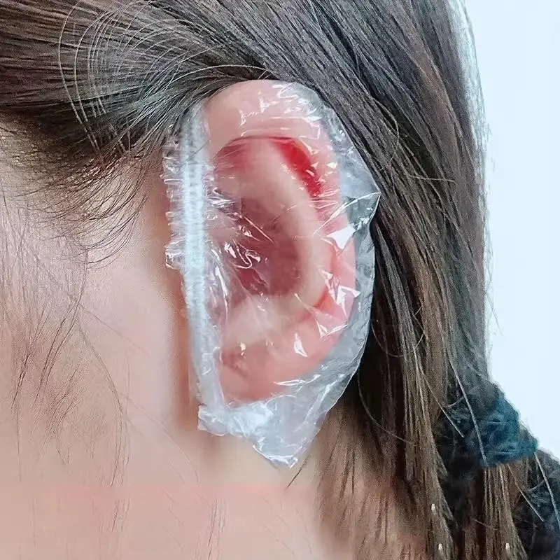 100 Counts Disposable Waterproof Ear Covers, Transparent Elastic Protectors with Zip Closure, Ideal for Hair Dyeing, Shower, Spa Care, Swimming