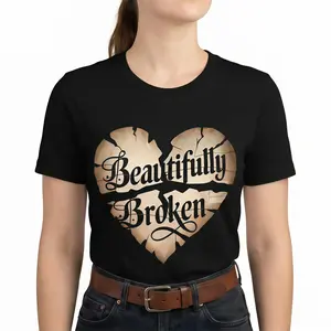 Women's Casual Crewneck T-Shirt with "Beautifully Broken" Heart Print Soft Cotton Graphic Tee for All Seasons Comfortable & Breathable Essential Top - Piece - Womenswear, Short Streetwear Tshirt