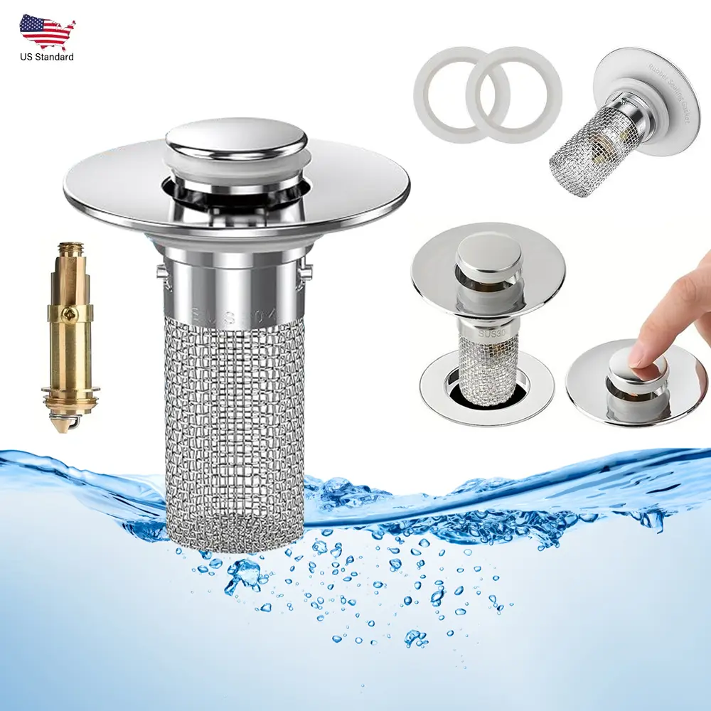 Stainless Steel Pop-Up Sink Drain Stopper with Hair Filter Basket, Anti-Clog Bathroom Sink Plug, Universal Replacement for Sink & Bathtub, Effectively Catches Hair & Debris