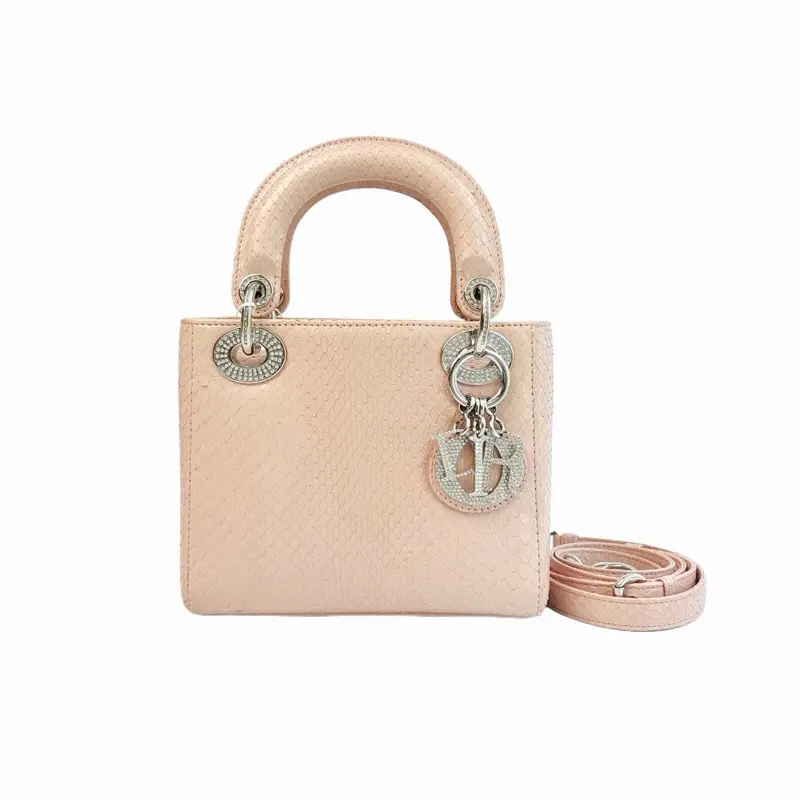 Pre-owned Dior leather Shoulder Bags Lady mini python beige pink shoulder bag