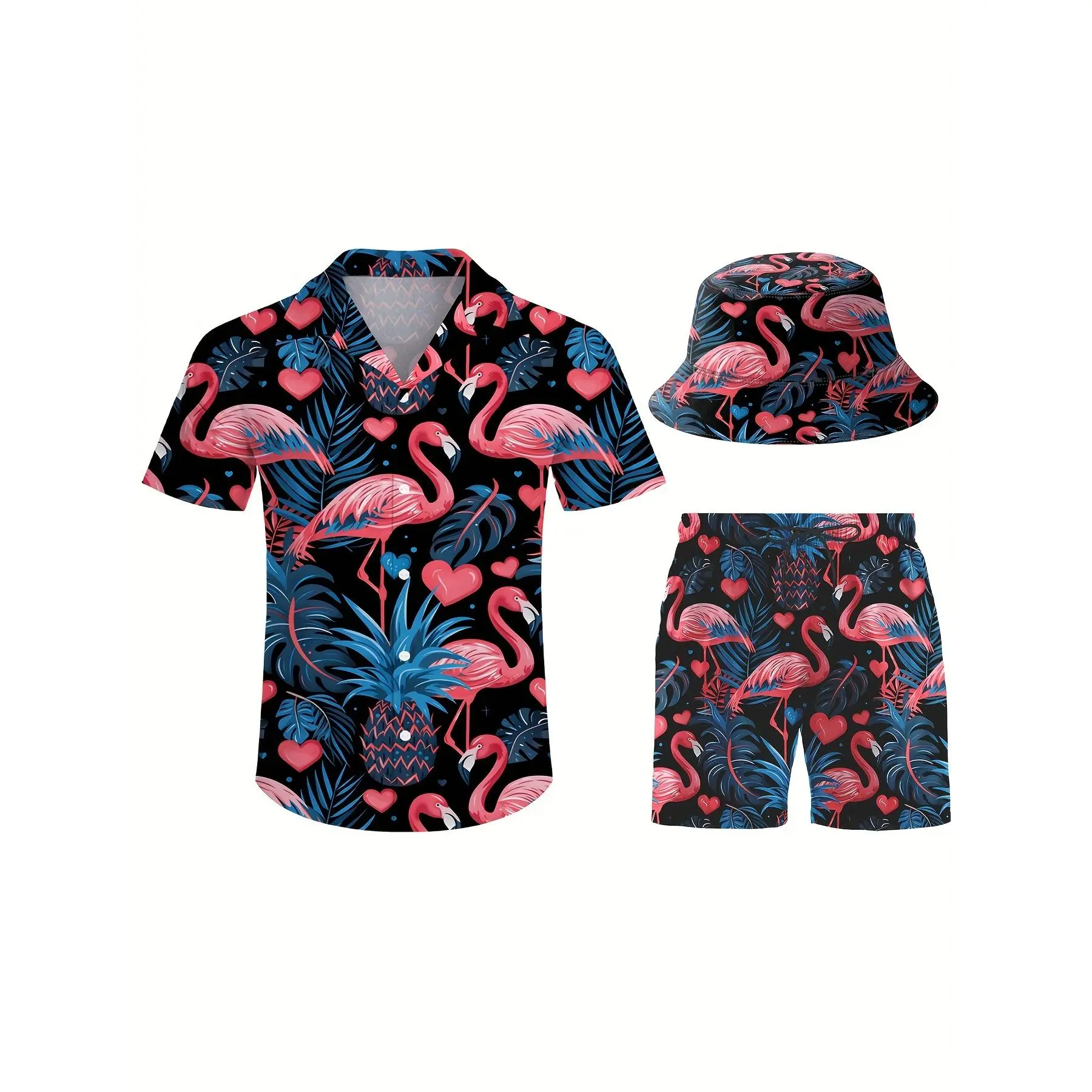 Men's 3-Piece Hawaiian Clothing Set - Retro Tropical Flamingo Print Collared Pocket Shirt, Elastic Waist Beach Shorts & Bucket Hat, Hawaiian Men's Clothing Sets, Tropical Men's Clothing Sets