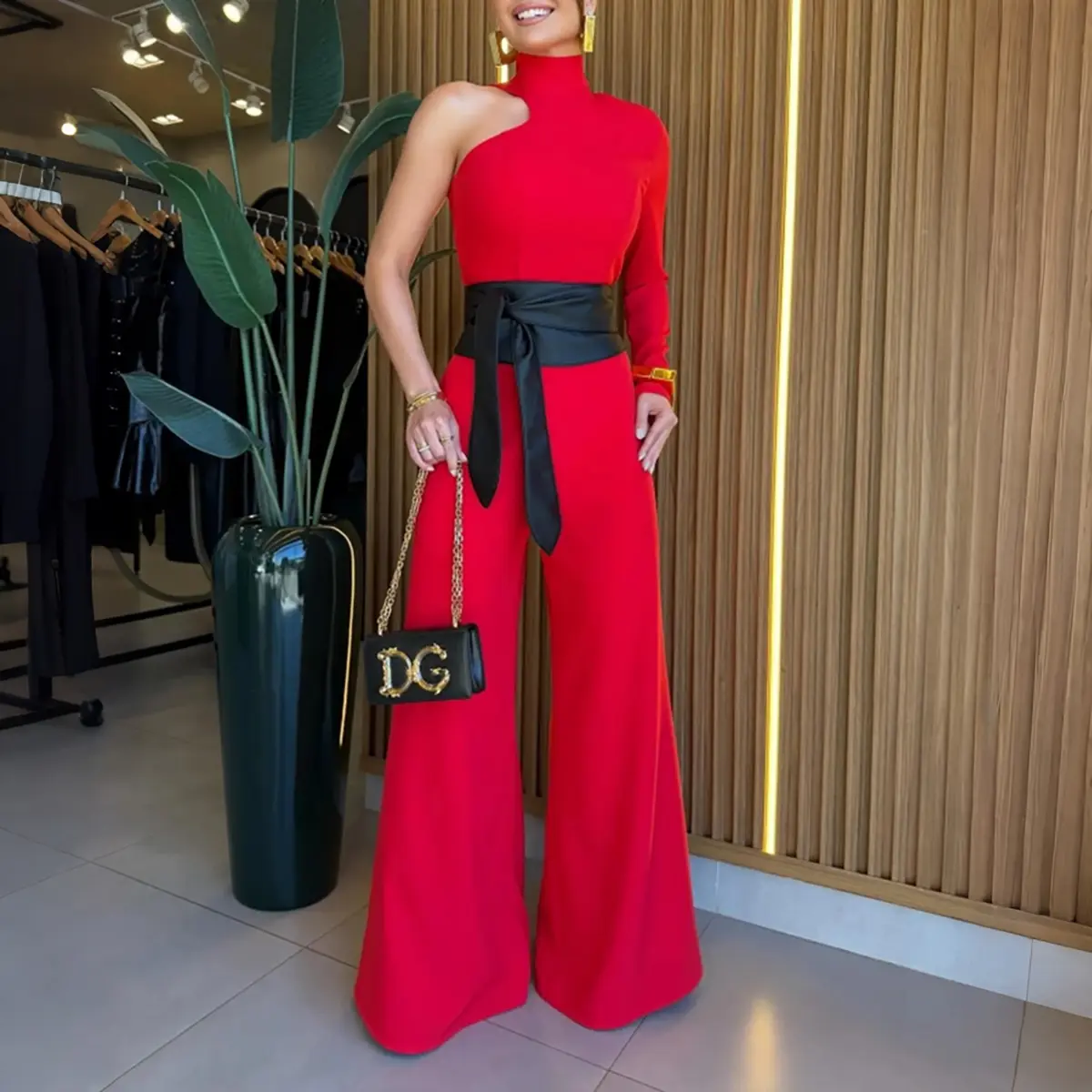 CHICME Women's One Shoulder Jumpsuit Mock Neck Asymmetric Long Sleeve Wide Leg Overalls Tie Waist Evening Jumpsuit