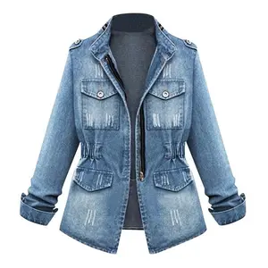 Denim Jacket Womens Casual Solid Casual Oversize Autumn Ladies Slim Jeans Chain Jacket Pocket Coat(gift)