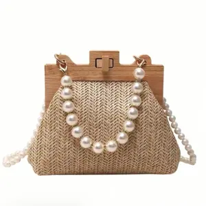 Elegant Pearl-Woven & Wood Snack Bag with Pearl Accents and Wooden Handle for Stylish Everyday Use