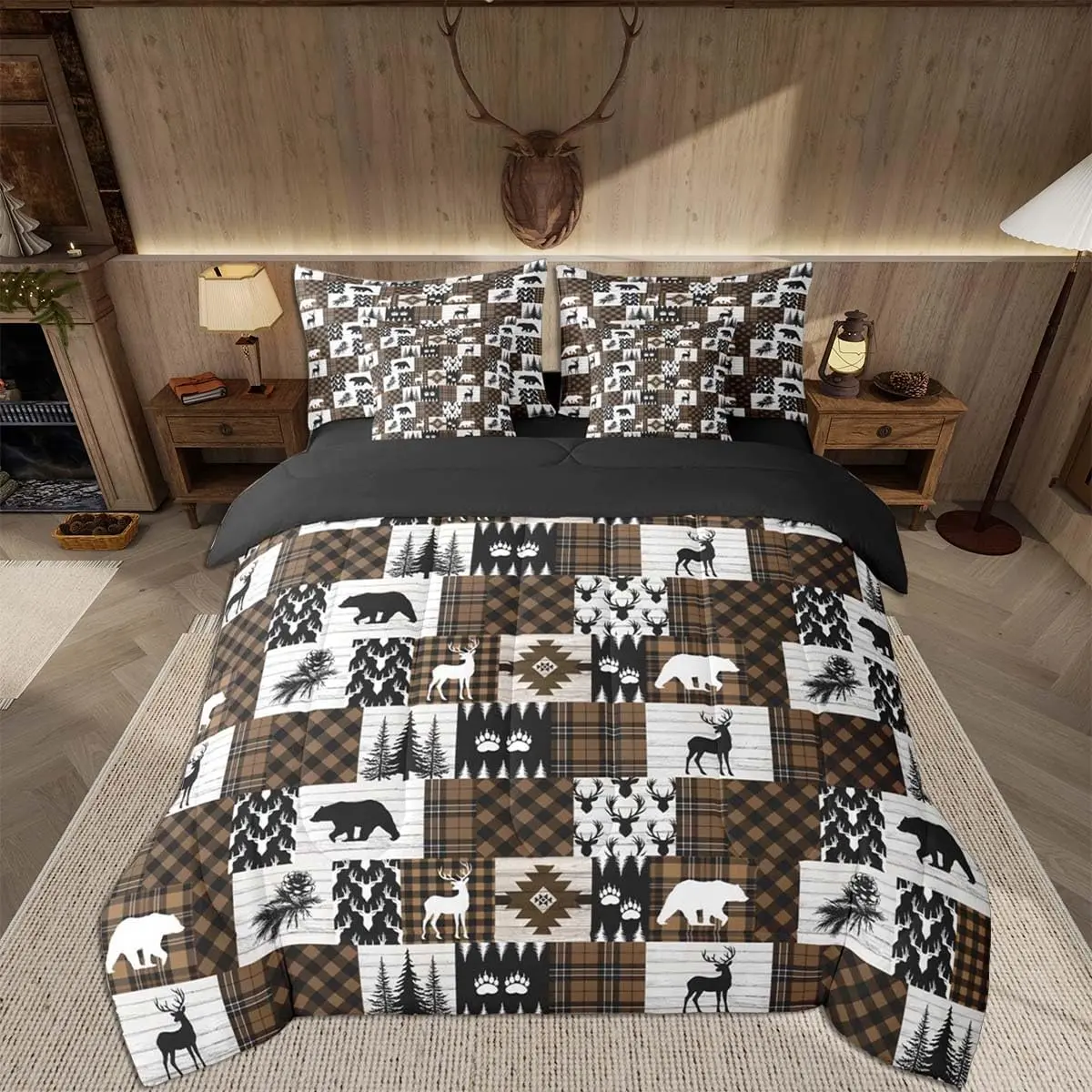 Bear Comforter Set 7 Pieces Deer Bedding Set for Kids Girls Cabin Farmhouse Bed in a Bag with Comforter,Sheets,Pillowcases,Cushion Covers Rustic Buffalo CheckBrown Black Quilted