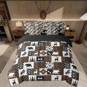 Bear Comforter Set 7 Pieces Deer Bedding Set for Kids Girls Cabin Farmhouse Bed in a Bag with Comforter,Sheets,Pillowcases,Cushion Covers Rustic Buffalo CheckBrown Black Quilted