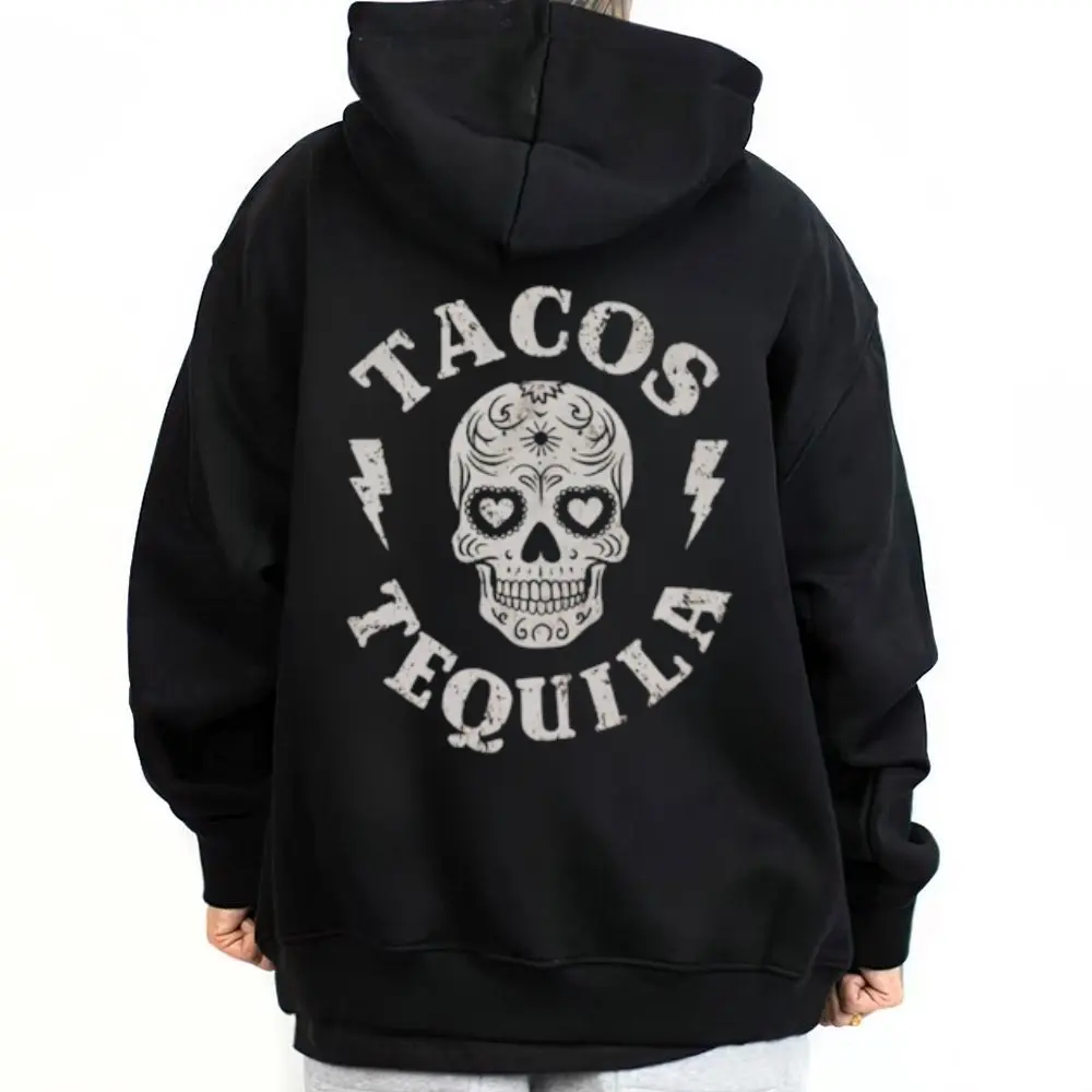 Tacos & Tequila Hoodie, Unisex Chicano Style Graphic Print Sweatshirt, Soft Cotton-Polyester Menswear with a Loose Fit for Halloween