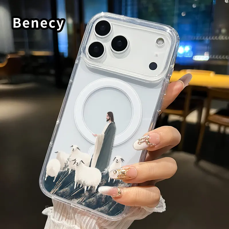Transparent Magnetic Phone Case for iPhone 17 16  Pro Max Plus 15 14 13 12 11 Air E Shepherd and Flock Pattern Acrylic Back Soft Edge Anti-Slip Hard Shell