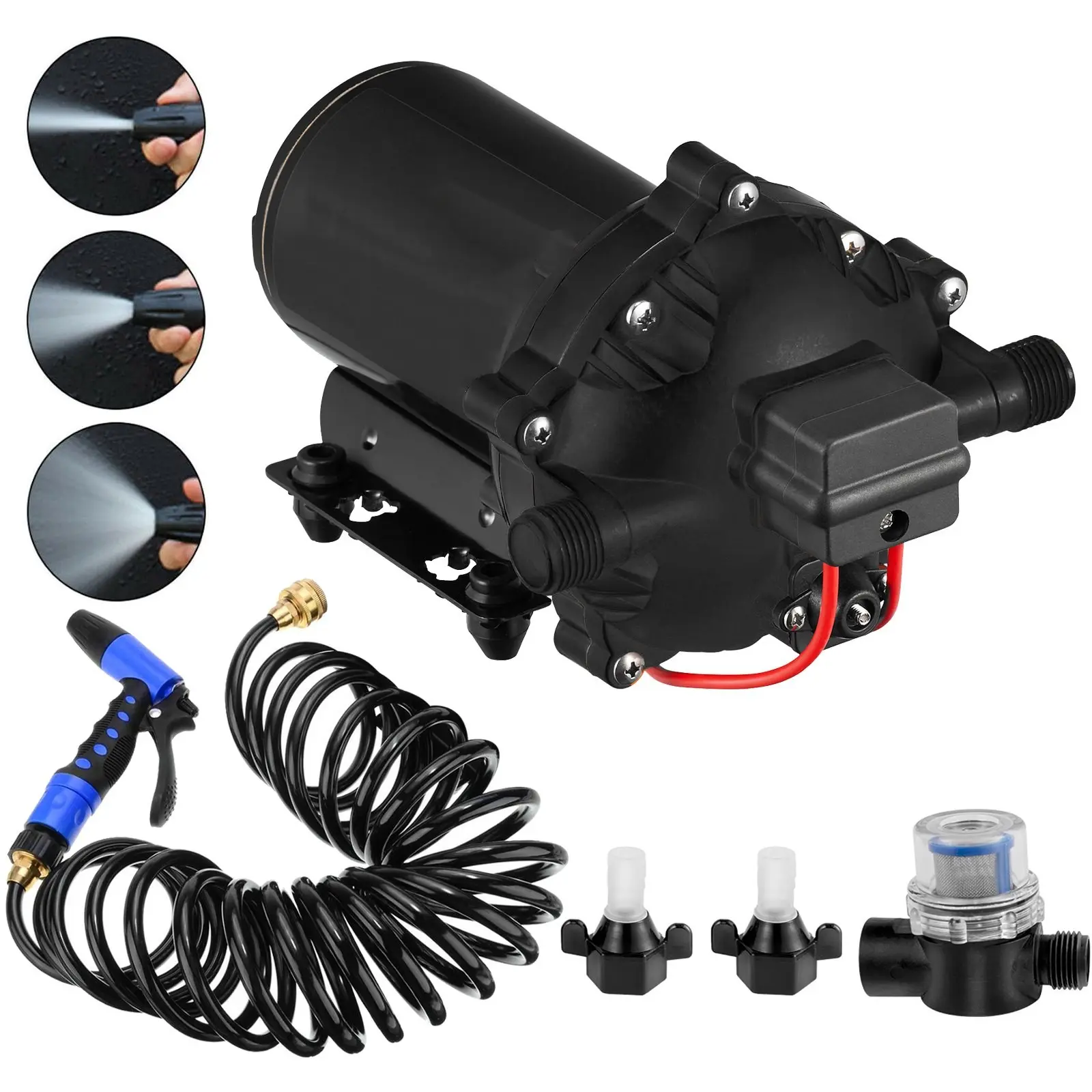 RV Water Pump 12V Diaphragm Pump, 5.3 GPM (5.5 Gallons Per Minute), 70 PSI Automatic Washdown Pump with 25 Ft Coiled Hose, Suitable for Boats, Caravans, RVs, Marine and Yacht Applications