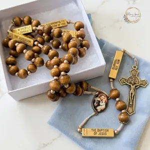 St Joseph Wood Bead Rosary, Unique Catholic Gift with St. Benedict Crucifix, Mystery Markers
