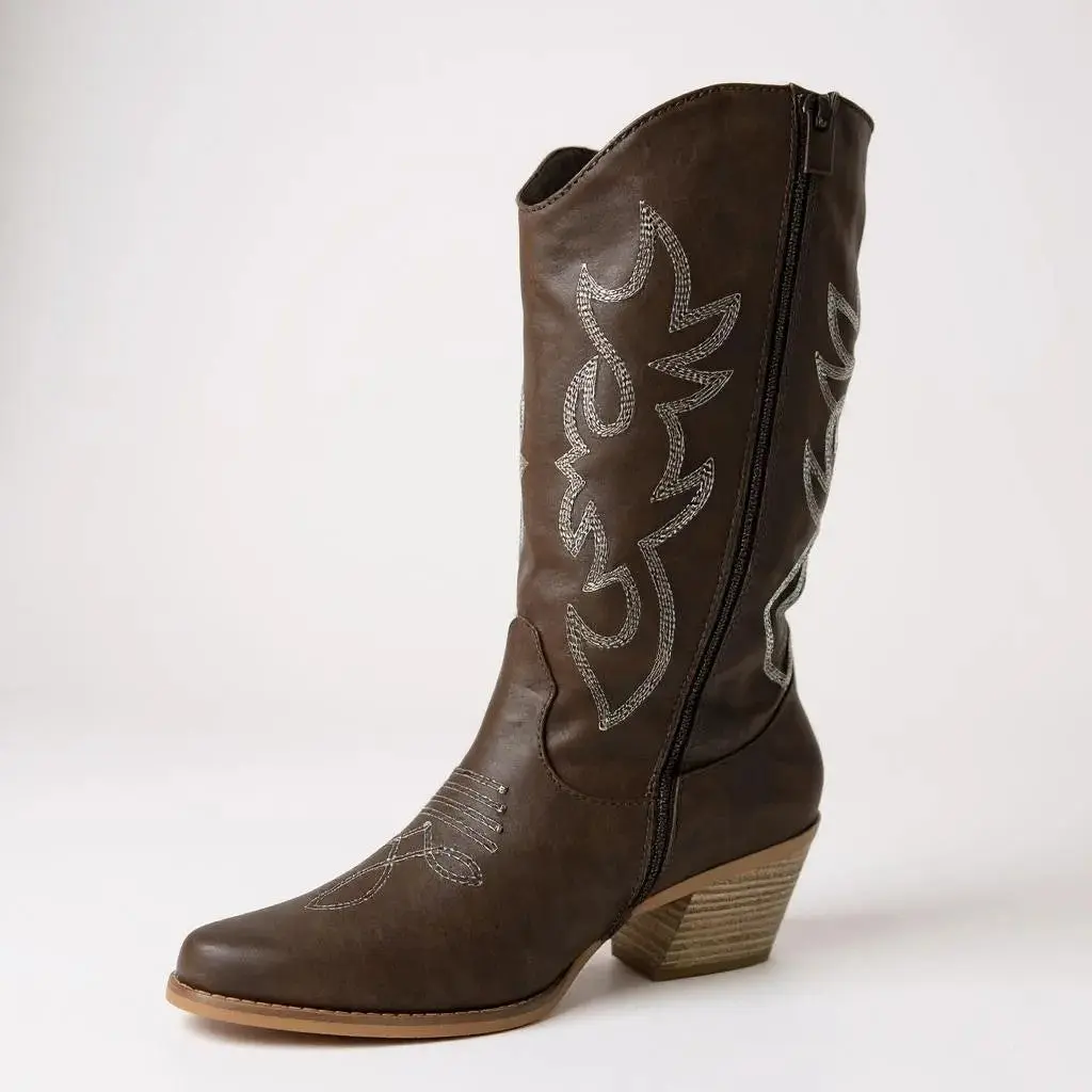 Fashion Mes Women's Western Cowboy Boot — Pointed Toe Stitched Chunky Heel Mid-Calf