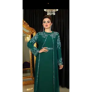 Long Sleeve Sequined Kaftan with Round Neckline- Couture