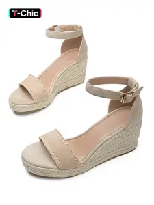 Women's Wedge Heeled Straw Sandals with Ankle Strap and Hollow Design, Vacation Shoes, Comfortable Summer Footwear, Fashion Casual Classy Elegant Stylish Shoes Wedge Thick Sole