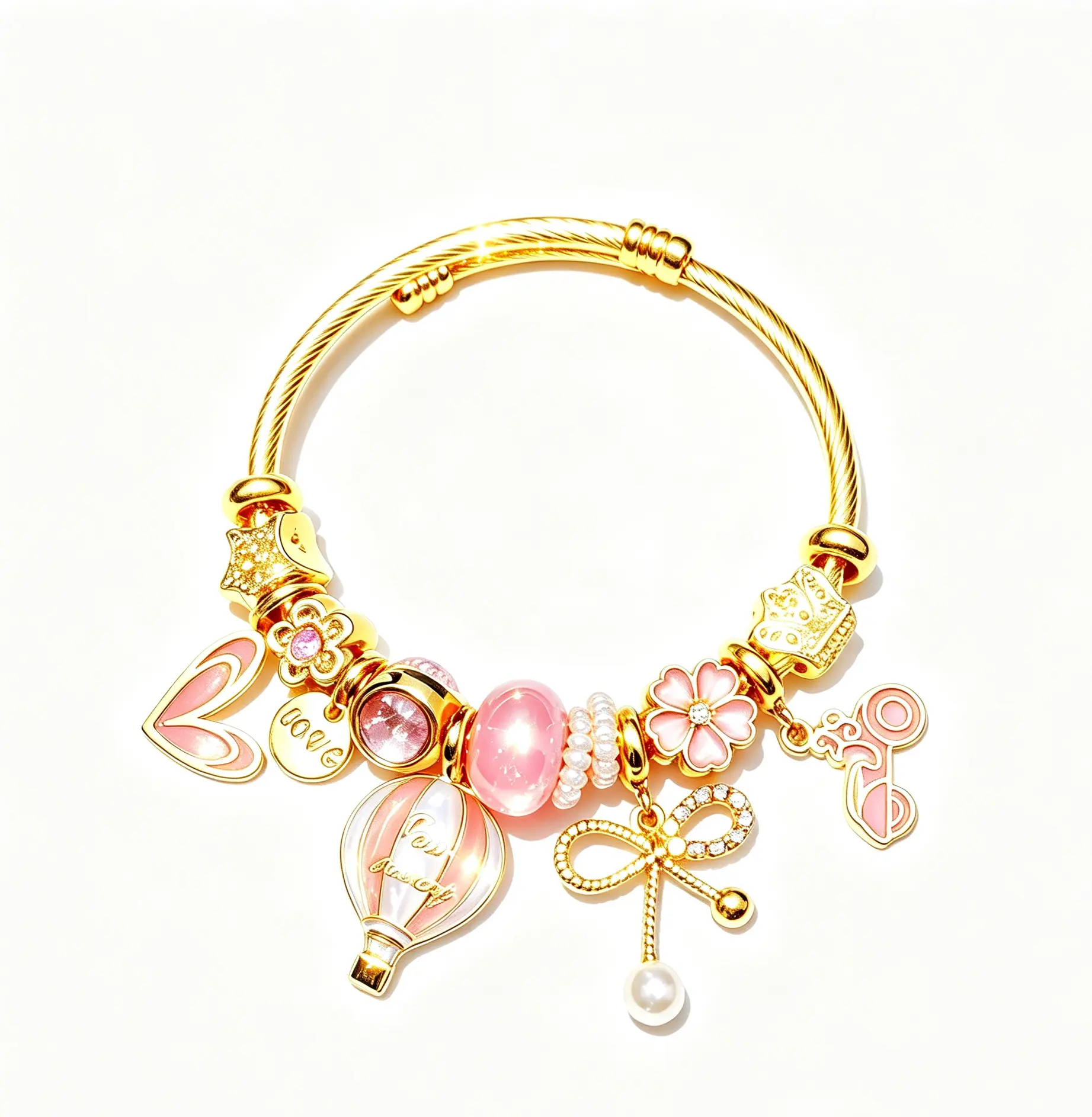 Pink Hot Air Balloon Charm Bangle, 14K Gold Twisted Cable Bracelet with Cherry Blossom, Bow, Heart & Pearl Pendant, Dainty Pink Crystal Beads Jewelry Gift for Women Teen Girls