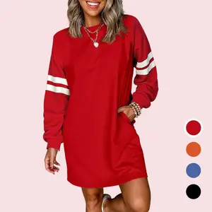 Varsity Contrast Banded Sleeve Crew Neck Shift Sweatshirt Dress With Pocket,2025 Casual Mini Dress Comfort Womenswear