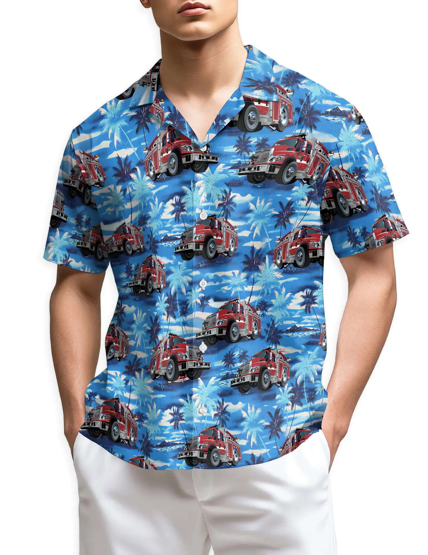 Fire Truck Hawaiian Shirt, Firefighter Tropical Button Down Shirt, Blue Palm Tree Summer Aloha Shirt, Fireman Gift for Men