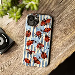 Ladybug & Bee Striped Floral Phone Case, Beige Vertical Lines Red Ladybugs Yellow Bees Light Blue Flowers Whimsical Vibes, fashion vibes cozy cute artistic garden gift play now, iPhone 17 16 15 14 13 12 Pro Max Plus X, Galaxy S25 S24 S23 S22 Ultra, Aesthe