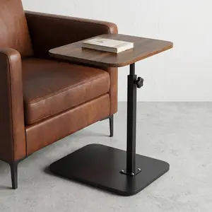 Heavy Duty C-Shaped End Table, Adjustable Swivel TV Tray Couch Side Table with Natural Wood Top for Eating, Living Room, Bedroom & Bathroom