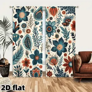 2D Flat 2Pcs Vintage Floral Print Curtains Teal Orange Botanical Pattern Rod Pocket Design Semi Sheer Polyester Home Decor Home Decoration Curtain for Living Room Bedroom Kitchen Modern Farmhouse Style Window Treatment Sets
