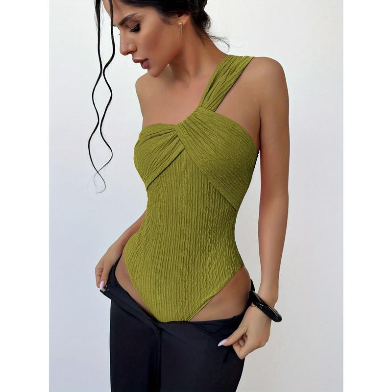 Elegance One Shoulder Twist Front Blouse, Lime Green - Sleeveless, Ribbed Knit, Women's Slim Fit Design - Ideal for Holidays and Parties, Machine Washable