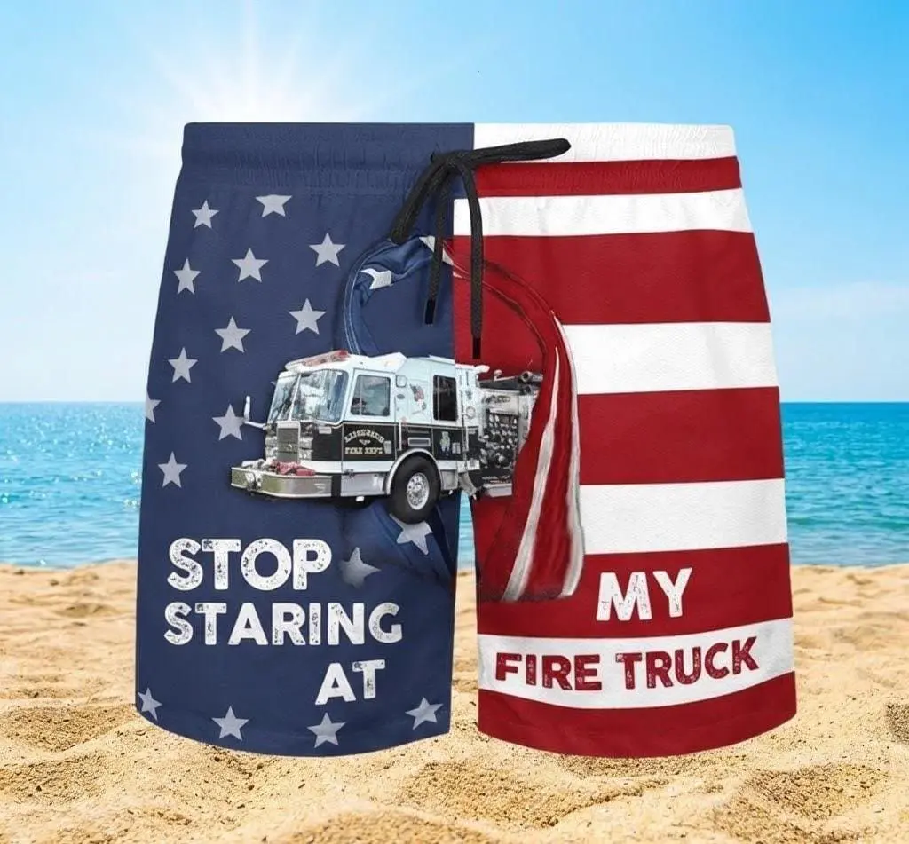Funny Fire Truck Beach Shorts, Firefighter Hawaiian Short, Rescue & Fire Department Vacation Wear, Gift for Him, Fireman Gift