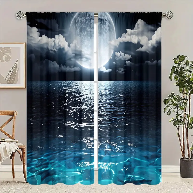 2pcs Moonlit Ocean Curtains for Bedroom & Living Room, Mystical Drapes for Coastal Decor Lovers, Rod Pocket Design for Easy Hanging, Window Curtain, Polyester Curtain, Home Decoration Curtain