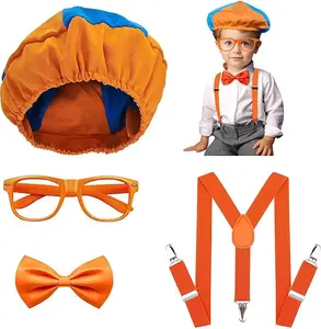 Kids Costume Roleplay Accessories-4PCS Orange Costume Set for Kids Ages 3-8-Hat, Bow Tie, Shatterproof Glasses & Adjustable Suspenders-Toddler Safe Dress-Up Kit for Halloween, Parties Pretend Play