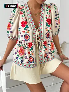 Women's Floral Print Tie Front Blouse, Boho Casual Fashionable Top for Daily Holiday Vacation Wear, Women Clothing for Summer, Lady, Womenswear, Casual Shirts