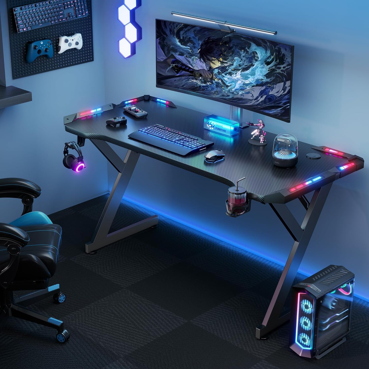 Gaming Desk with LED Lights, Home Office Gamer Desk, Ergonomic Computer Table with Large Carbon Fiber Desktop, Office Workstation, Cup Holder & Headphone Hook summerwins,dorm essentials,home decor
