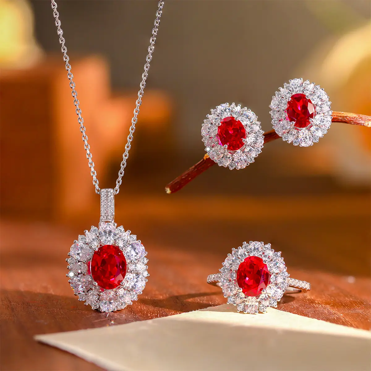 Princess Diana Replica Pigeon Blood Red Oval Ruby Gemstone 3PCS Jewelry Set, Halo CZ Necklace Stud Earrings & Solid Fixed Band Ring, July Birthstone Luxury Bridal Wedding Statement Jewelry Gift for Women