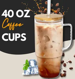 Glass Tumbler with Handle Iced Coffee & Smoothie Cup with Lid & Straw,Fits in Cup Holders, 40oz Reusable  for Travel, Washable Bottle Drinkware