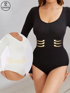 Women's Solid Color Scoop Neck Long Sleeve Shapewear Bodysuit, Comfortable Seamless Tummy Control Shaper, Ladies Shapewear for Daily Wear, Compression, High Compression Shapewear, Seamless Sculpting Bodysuit