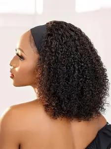 Headband Wig Human Hair Afro Kinky Curly Headband Wigs for Black Women Human Hair Headband Wig Curly Human Hair Wigs Fluffy Wigs Brazilian Virgin Hair Wear and Go Glueless Wig Natural Color 180% Density