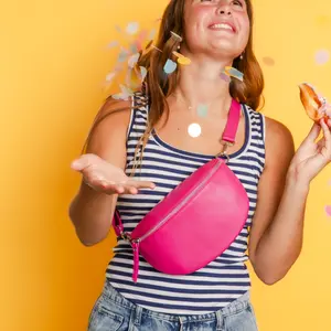 Pink Italian Leather Crossbody Bag with Adjustable Strap