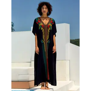 Moroccan Kaftan Dresses For Women Plus Size Caftans Loungewear Embroidered Beach Kaftan Cover Up Mumu House Dress Casual Sleeve