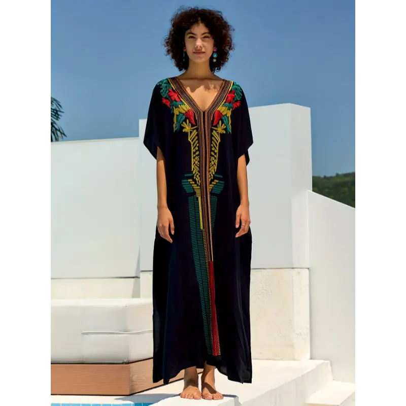 Moroccan Kaftan Dresses For Women Plus Size Caftans Loungewear Embroidered Beach Kaftan Cover Up Mumu House Dress Casual Sleeve
