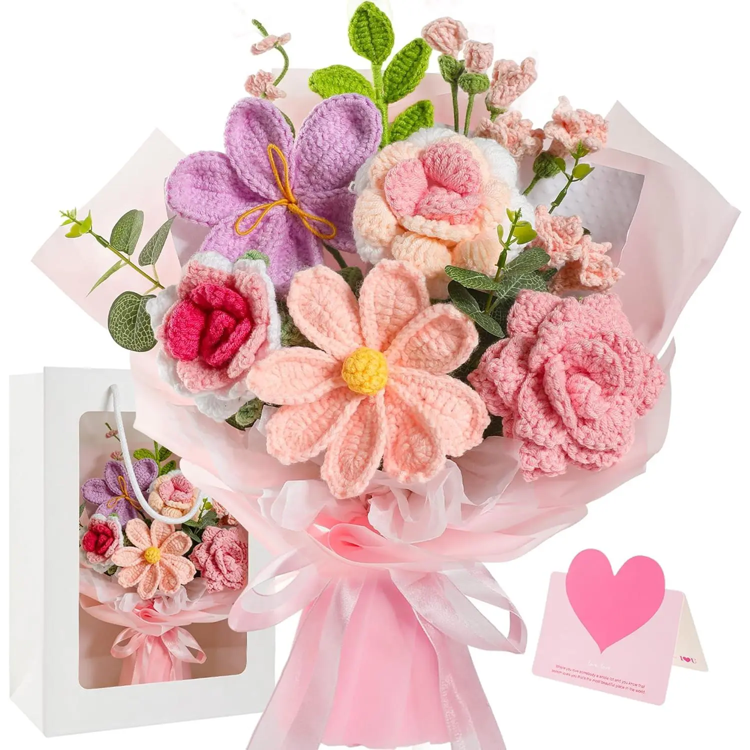 Handmade Cotton Yarn Lightweight Crochet Pink Flower Bouquet - Forever Roses, Galsang, Card Included, Wedding Ornaments for Women's Mother’s Day, Birthday Gifts